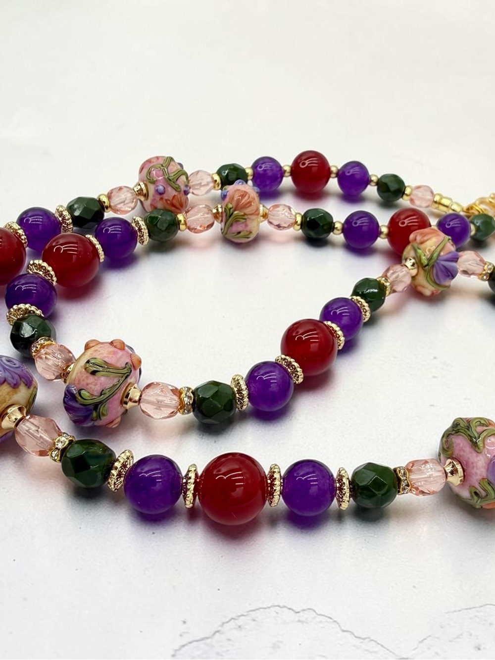 Artisan Handmade Amethyst Carnelian Lampwork Floral Necklace 20” Gold Floral Lux - Picture 12 of 17